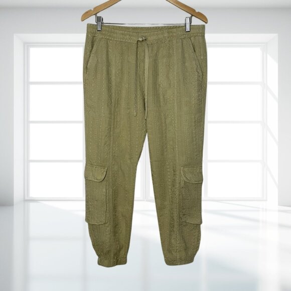 Johnny Was Khaki Green Embroidered Pull-On Cargo Joggers M - Cupro Rayon Comfort - Picture 2 of 11